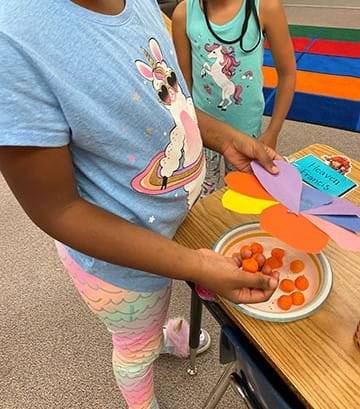 Students use cheese puffs as a stand-in for pollen and test their flower designs to see if they pollenate.