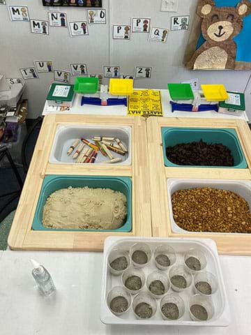 A picture that shows how the materials for the project are organized into bins.  