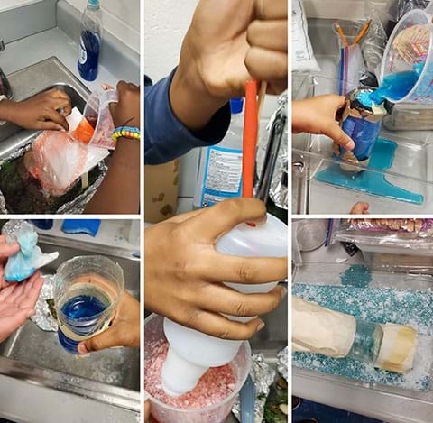 A collage of students who tested their prototypes after measuring out 3 ounces of algae blooms and adding it to water.