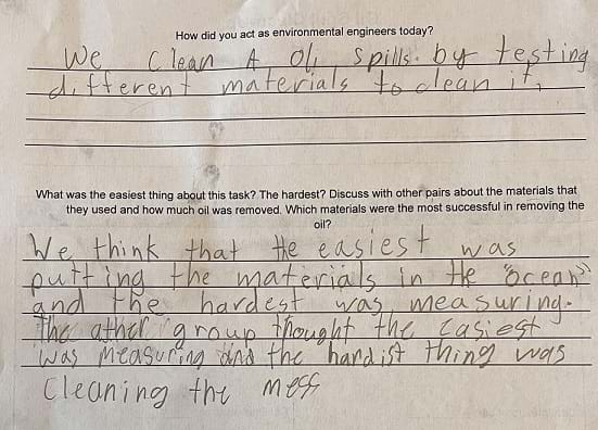 A worksheet is shown asking and answering two questions: “How did you act as an environmental engineer today?” and “What was the easiest thing about this task? The hardest? Discuss with other pairs about the materials that they used and how much oil was removed. Which materials were the most successful in removing the oil?”