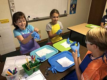Students performing the lesson extension activity using detergent and stained clothing.