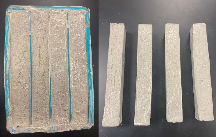 The left side of the image shows the concrete samples inside silicone ice molds. The right side of the image shows what the samples look like once they have been removed from the molds. Each mold makes Four samples total at a time.