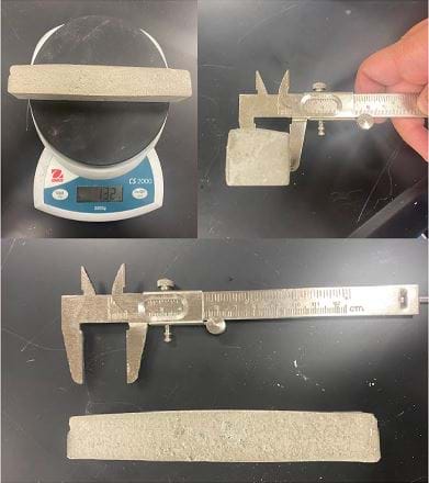 The images show the physical property measurement station. The top left side of the image shows how to measure the mass of the concrete sample. The top right side and bottom of the image shows how to measure the dimensions (Length, Width, and Height) of the samples to calculate volume. Once mass and volume are known the density of the sample can be calculated using the density formula. Density=Mass/Volume