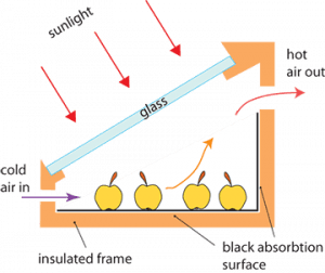 A diagram of a direct type dryer, with a cabinet, a compartment, and a glass roof.