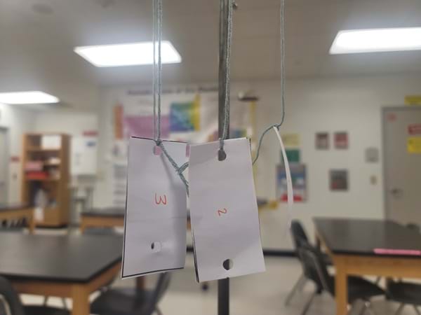Photo of paper strips labeled “3” and “2” hanging from the ring stand. 