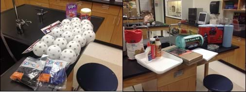 Two photographs in a school lab shows an assortment of supplies collected for the activity; items include three packets of white, perforated, hollow plastic Wiffle® balls in plastic netting (six balls per packet), containers of Kool-Air® mix, two packets of balloons, three bottles of glue, plastic paint tray liners, stacks of cardboard pieces and white paper, dish foam roll, roll of weed barrier fabric, rolls of tape, four rolls paper towels.