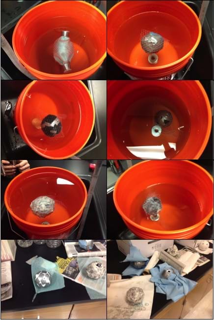 Six photographs show different student-made drug delivery design prototypes, each submerged in a five-gallon bucket of water. The prototypes are held underwater by being surrounded by a lightweight plastic netting weighted down by metal washers attached by string. Two photographs show several other encapsulated "drug" prototypes on a countertop.