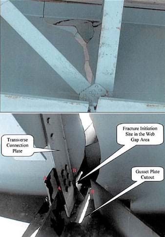 Two photographs show a cracked steel beam in a highway bridge. Arrows point to the transverse connection plate, gusset plate cutout and fracture initiation site in the web gap area.