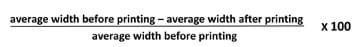 Equation to calculate circuit average width relative change: [(average width before printing minus average width after printing) divided by average width before printing] multiplied by 100.