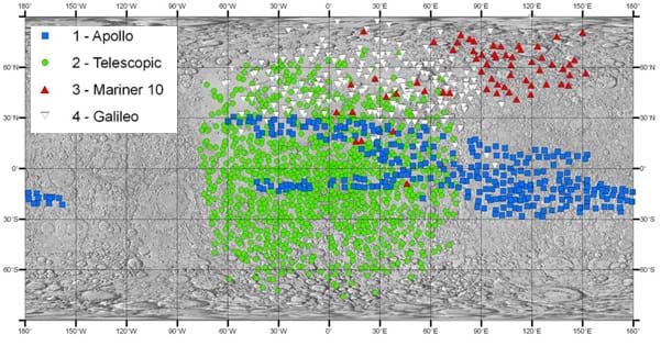 A gray moon surface is shown with latitude and longitude lines similar to what would be seen in an Earth geographic system. Many green, blue, red and white dots represent different exploratory events of NASA.