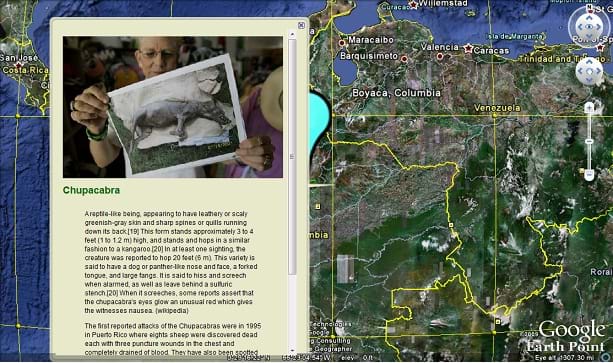 A Google Earth screenshot with a blue placemarker in the middle of an area in Central America.  On top of the map is a sub-window that provides information about Chupacabra, a cryptid often described as a kind of reptilian dog.