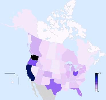 A map of North American with state boundaries. The states of Oregon, Washington and California show a heavy concentration of bigfoot sightings (black-dark purple coloring). Dark coloring also exists in Florida, Ohio and Texas.