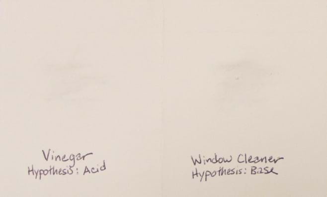 A blank card showing the words "vinegar," "hypothesis: acid," and "window cleaner," "hypothesis: base."