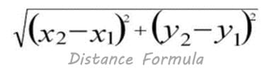 Equation for the distance formula: The square root of (x2-x1) squared plus (y2-y1) squared.