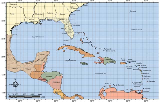 A map of the southeastern U.S. including Florida, Georgia, Alabama, Mississippi, Louisiana, Texas, as well as Mexico and Central America. It includes the Gulf of Mexico, Caribbean Sea and Atlantic Ocean. Latitude and longitude are marked. The distance scale is in miles.