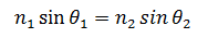 Snell's law equation: The refractive index n1 times the sine of θ1 is equal to the refractive index n2 times the sine of θ2.