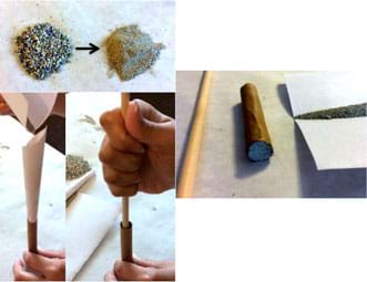 Three photographs: Two small piles of cat litter, before and after being ground. Hands use a roll of paper like a funnel to pour the fine litter into the cylinder of brown paper (the rocket body), and then use a wooden dowel to pack it down firmly. This creates a plug at the base of the rocket body.
