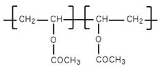 Figure showing the chemical formula of two polyvinyl acetate monomers. Each monomer consists of CH2 bonded to a CH, which is then also bonded to an O and COCH3. 