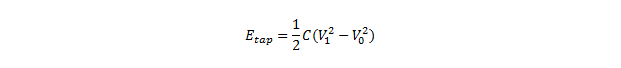 The equation for determining the energy stored for each tap or press on the piezo element: energy is equal to one-half times the capacitance times the difference between the voltage before the tap squared and the voltage after the tap squared.