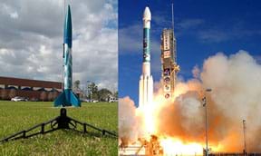 Two photos. A homemade model rocket on a grassy field, ready to launch. Billowing smoke surrounds the launching of the Delta II rocket in December 2007.