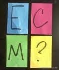 Photograph of four pieces of colored paper, each with a letter or symbol: E C M ?