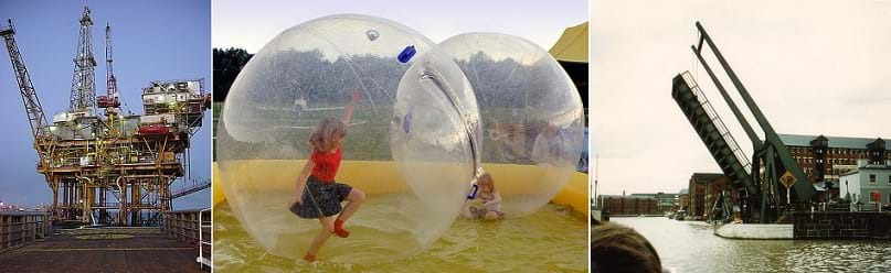 Three photos: The above-water portion of a production platform in the Gulf of Mexico, which looks like a mass of pipes, cranes and hydraulic machinery above a wooden deck. Two small children play inside two clear inflatable water balls floating in a small pool. A hydraulic bridge angled up in a near vertical position to allow the passing of a boat through a shipping waterway.