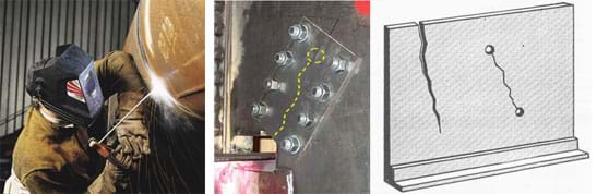 Three photographs show steel structure repair techniques for cracks. A man with a protective mask welds a large metal pipe. A bolted cover plate repair with a dashed line representing the crack beneath the doubler plate and the circle representing the hole drilled to remove the crack tip. A drawing of a cracked beam with drilled “stop holes” at each end of the crack.