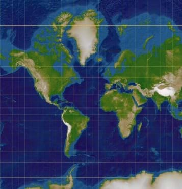 A map of the Earth's surface complete with red latitude and longitude lines.  The water is symbolized as blue, and the continents appear in greens and browns according to surface type and elevation.  An attempt was made to show continental shelves in a lighter blue surrounding the continents.