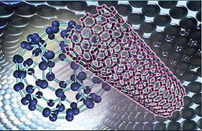 A drawing showing a Bucky ball and nanotube.