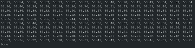 A screenshot of data from a decibel measurement experiment, showing a long list of numerical readings in decibels (dB), indicating the fluctuating sound levels recorded over time.