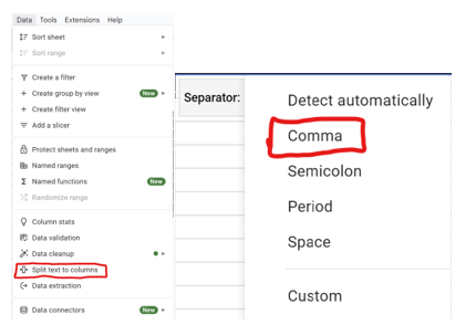 Screenshots showing the GoogleSheets commands to disperse the data into GoogleSheets via comma delimited formatting.