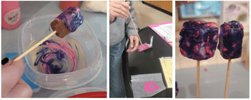 A three-panel photo of treats being dipped and dried.