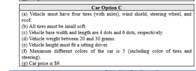A screenshot of part of the Vehicle Design Options & Specifications Sheet, showing the vehicle requirements, including weight, size, and cost. 