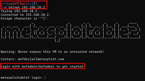 A screenshot of a Kali Linux terminal running  the command telnet 192.168.10.2. The screen displays a successful connection to a Metasploitable2 virtual machine, including its ASCII-art banner. A warning message advises not to expose the VM to an untrusted network. Below the banner, highlighted text instructs users to log in with the default credentials “msfadmin/msfadmin.” At the bottom, the login prompt reads: “metasploitable2 login:”.