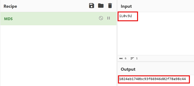A screenshot of a web-based hashing tool, likely CyberChef, showing an MD5 hash calculation. The input "iL0v3U" is shown, and the resulting MD5 hash "1024eb1740bc93f66946d02f78a98c44" is displayed in the output field.
