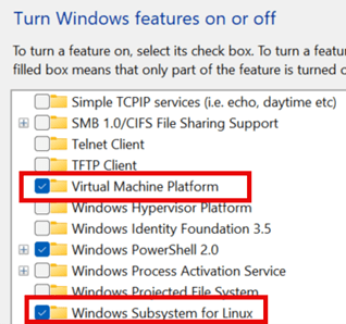 A screenshot of the "Turn Windows features on or off" menu, showing the checkboxes for "Virtual Machine Platform" and "Windows Subsystem for Linux" both selected and highlighted in red boxes.