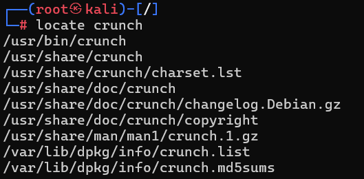 A screenshot of a Kali Linux terminal showing the output of the locate crunch command, which lists all file paths associated with the crunch wordlist generator tool.