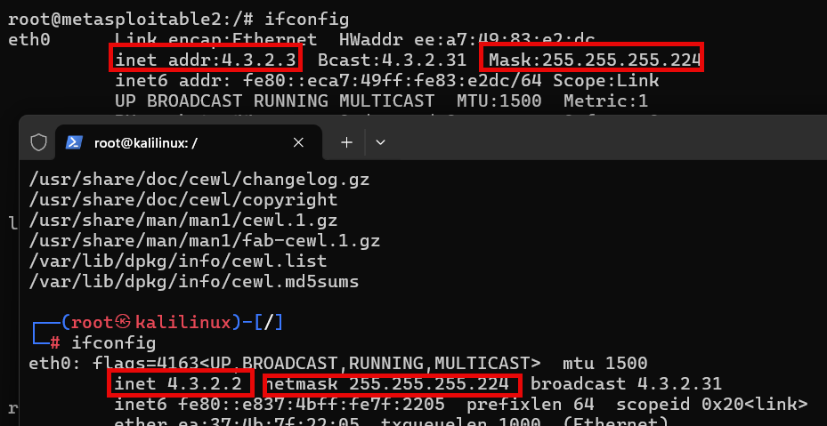 A screenshot showing two overlapping terminal windows displaying network configuration output. The top terminal shows ifconfig output with the IPv4 address inet addr: 4.3.2.3 and the subnet mask: 255.255.255.224 highlighted in red. The lower terminal (labelled with a Kali prompt) also shows ifconfig output with the IPv4 address inet 4.3.2.2 and netmask 255.255.255.224 highlighted in red. Additional file-listing text is visible above the Kali ifconfig output. The red boxes call attention to the two systems’ IP addresses and matching subnet masks.