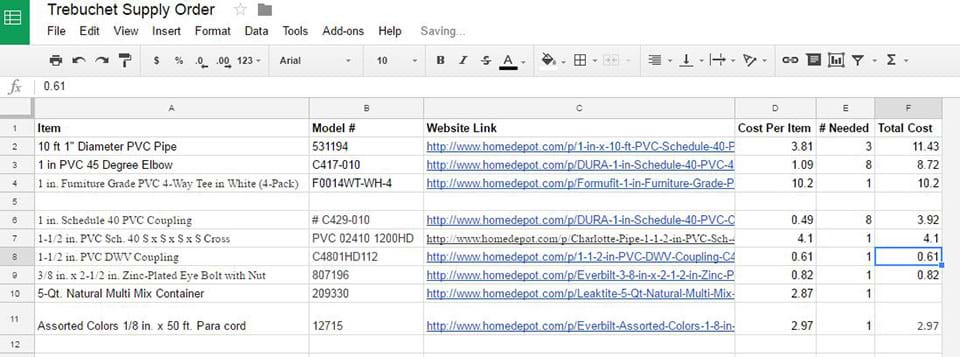 An Excel file of an order based on the group’s trebuchet design.  