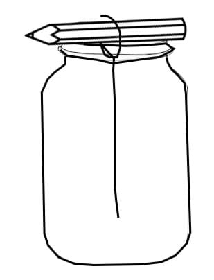 Drawing of a small jar with a pencil laying across the top of the jar opening. There is a string tied around the center of the pencil, dangling into the jar to about ½ inch from the bottom.