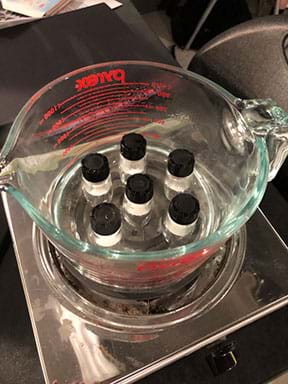 Six test tubes in a heat resistant container filled with 1 cup of water on top of a hot plate.