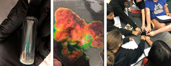 Clear glass vial held in a black gloved hand (left), liquid crystals that have changed color (middle) and six students pressing their pointer fingers on a small black square (right.)