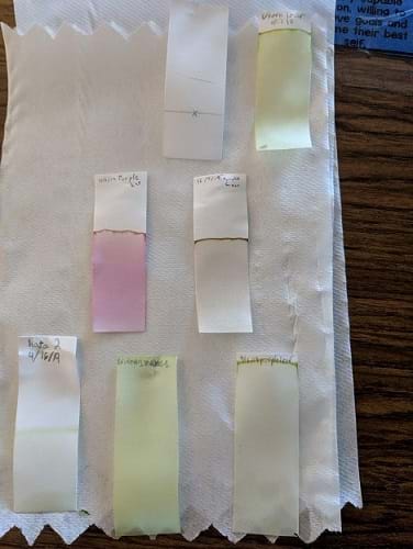 A photograph that shows seven strips of chromatography paper, with different color and shade of pigments, laid out to dry on paper towels.