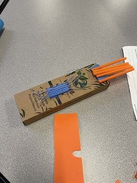 An image of a student’s instrument, violin made of cardboard box, straws and string.