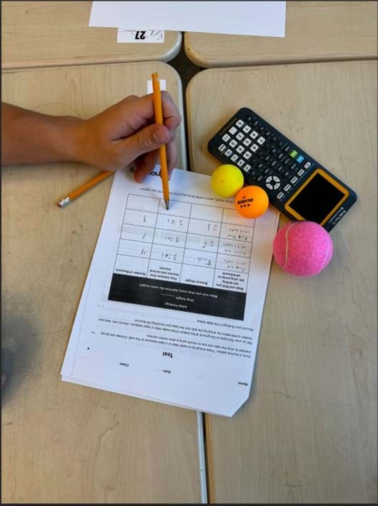 A photo showing students recording measurements in the project packet. There is a graphing calculator and several different types of balls nearby.