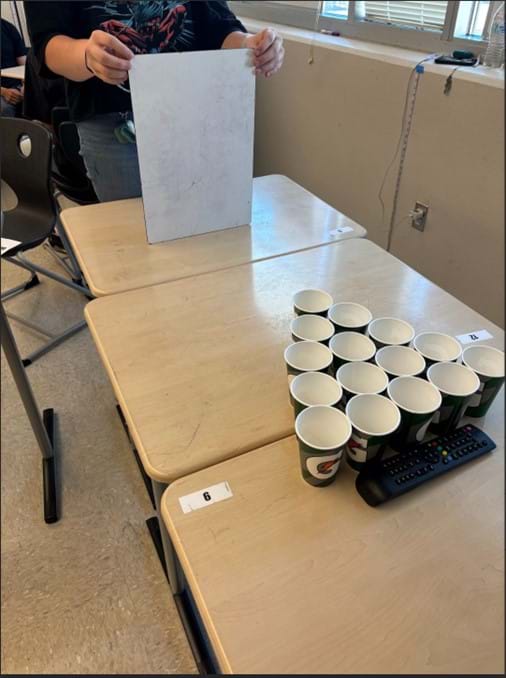 A photo showing a student-created game with cups set up in a triangle shape and a vertical whiteboard.
