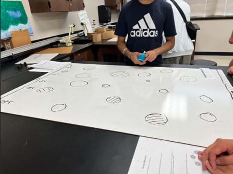 A photo showing a student-created game with a whiteboard with several circles drawn on it.