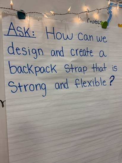 A photo showing chart paper with the words “Ask: How can we design and create a backpack strap that is strong and flexible?” written in blue marker. A photo showing chart paper with the words “Ask: How can we design and create a backpack strap that is strong and flexible?” written in blue marker.