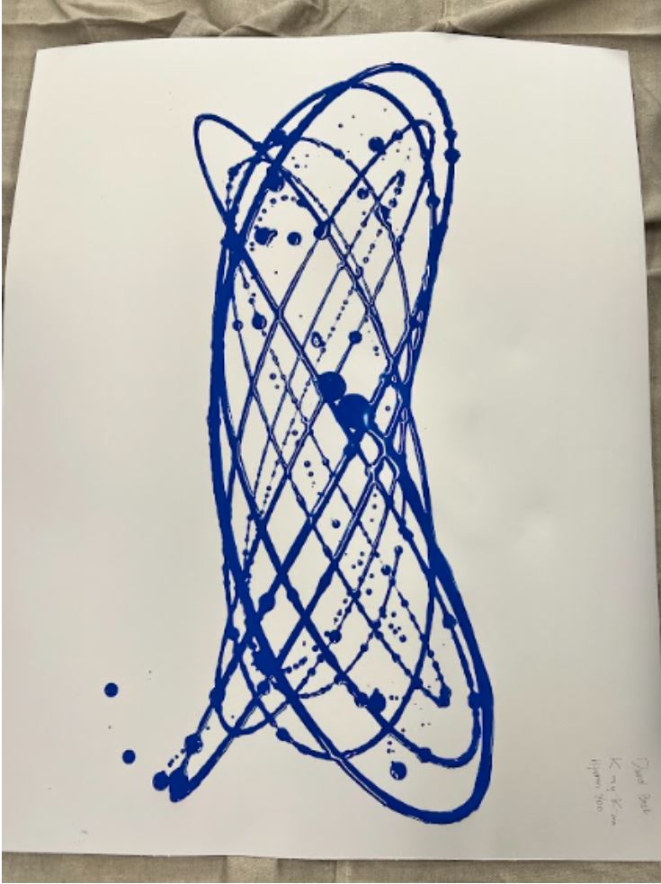 A photo showing a Lissajous pattern created by a paint pendulum. A photo showing a Lissajous pattern created by a paint pendulum.