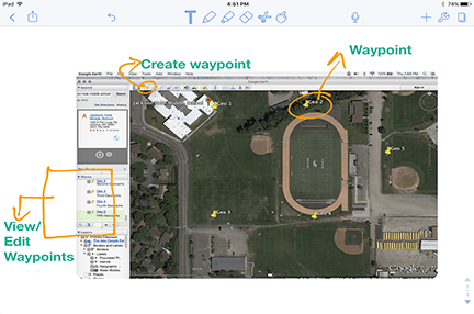 A satellite photo shows several fields with a track as seen from the software program Google Earth. Additionally, portions of the interactive parts of the software are highlighted with hints drawn in. 